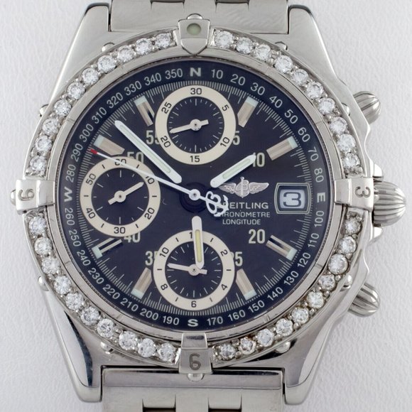 Breitling Chronometre Longitude SS Automatic Men's Watch A20348 w/ Diamond Bezel - Picture 1 of 7